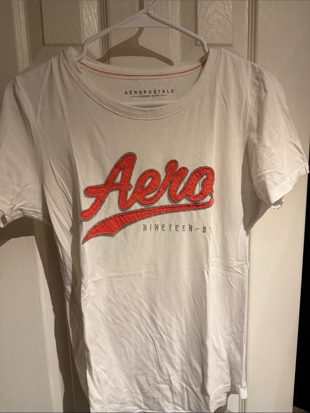 Aeropostale White Tee with Coral-Red 'Aero' Script